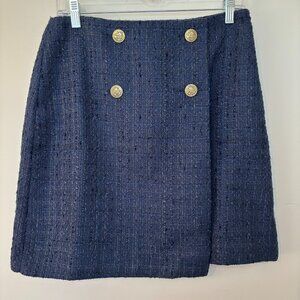 Loft Navy Blue Tweed Mini Skirt, Gold Button, Side Zipper Clueless Preppy 4
